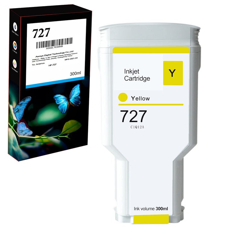 Aomya 300ml Yellow Ink Cartridge Dye Ink Compatible for HP 727 Works for DesignJet T920 T930 T1500 T1530 T2500 T2530 Printers - Image 1